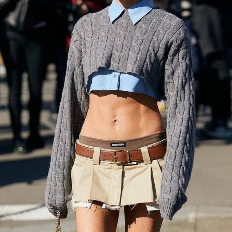 Damen lässiger Crop-Pullover mit Zopfmuster Sovae