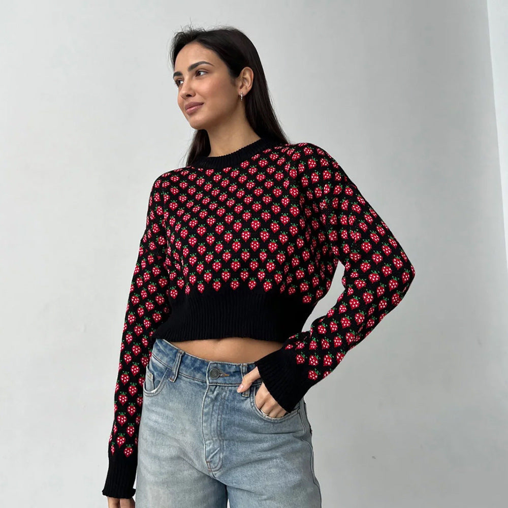 Damen Gestreifter Cropped Pullover mit floralem Muster Sovae