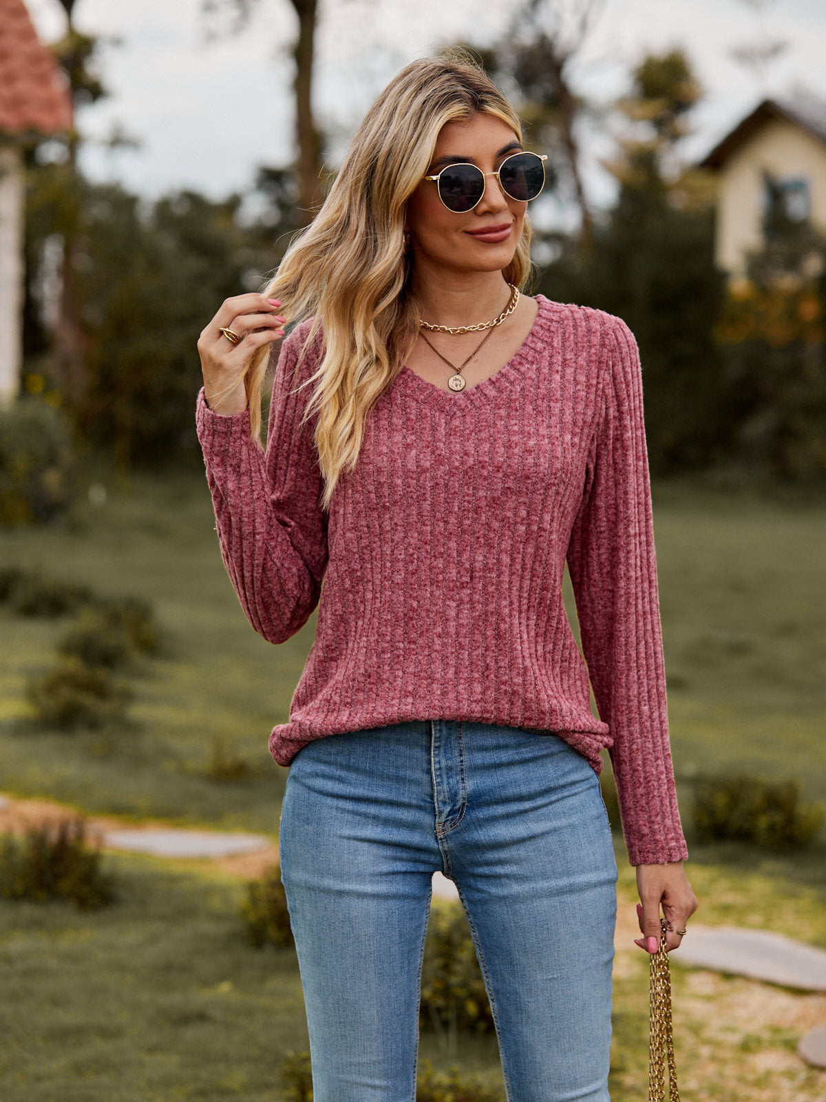 Damen Wohlfühlpullover mit geripptem Design und V-Ausschnitt Sovae