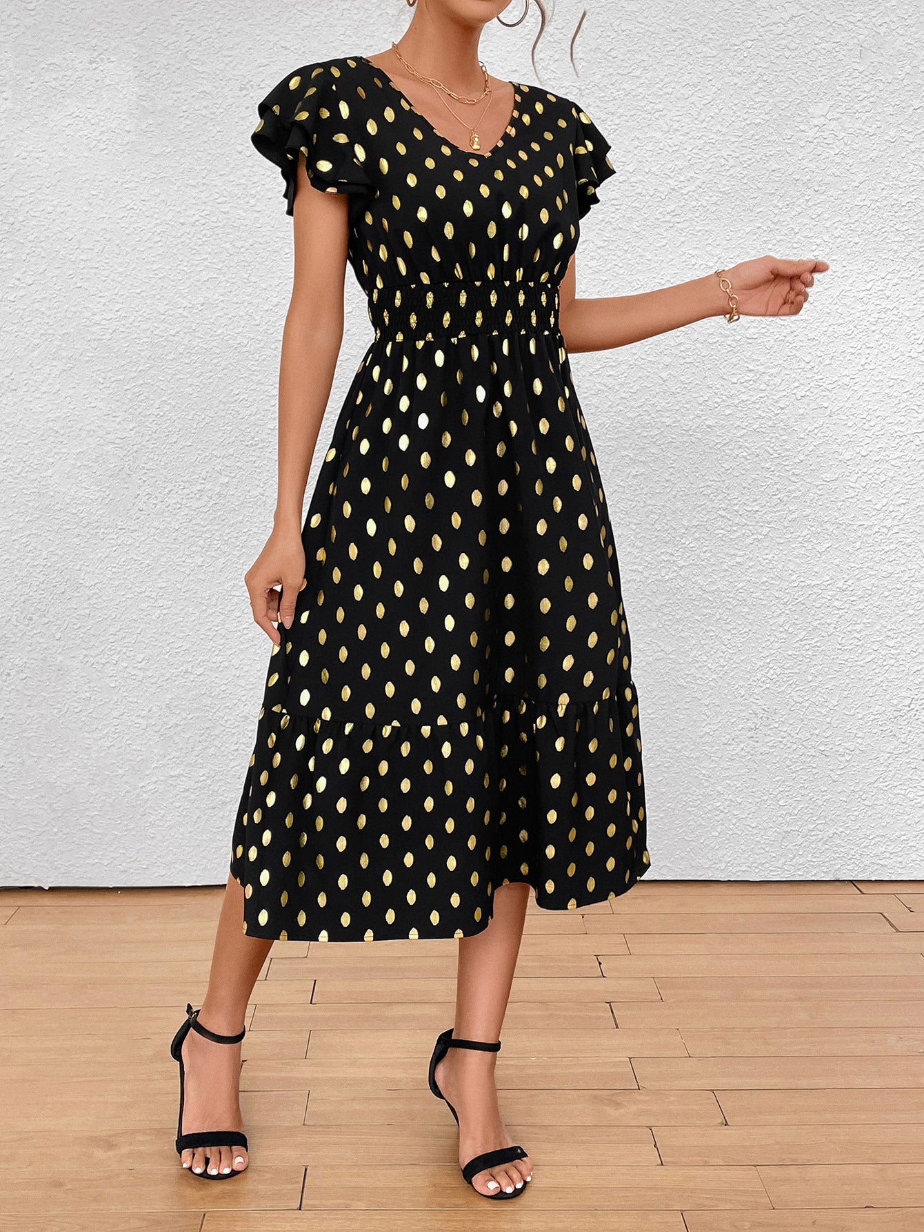 Damen Midikleid mit Rüschendetails und goldenen Punkten Sovae
