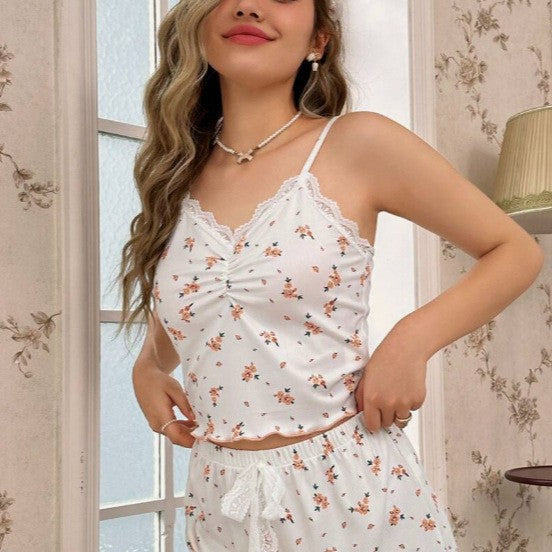 Damen Schlafshorts-Set mit Spitze und floralem Muster Sovae