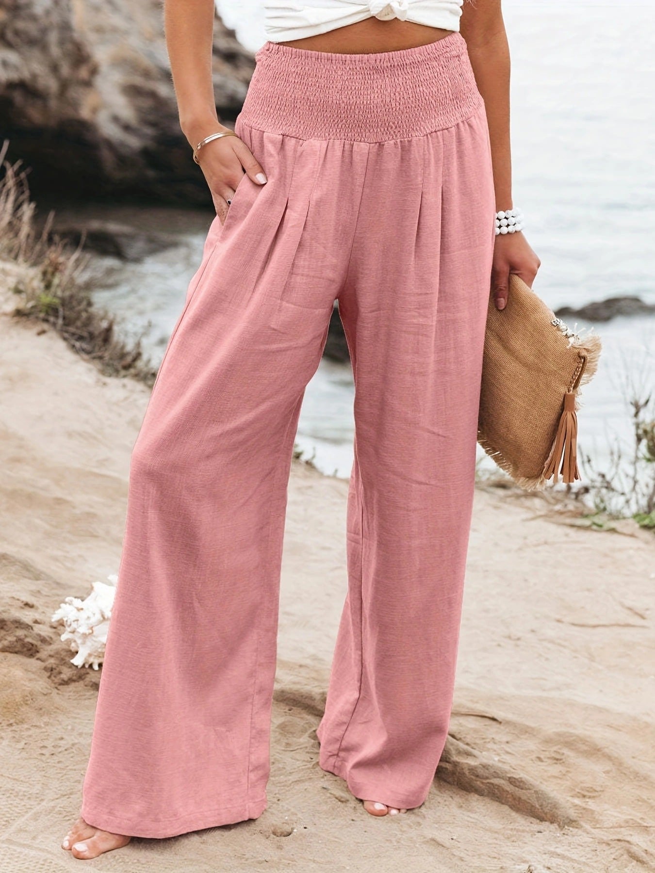 Damen Weite Leinenhose mit Elastikbund Sovae