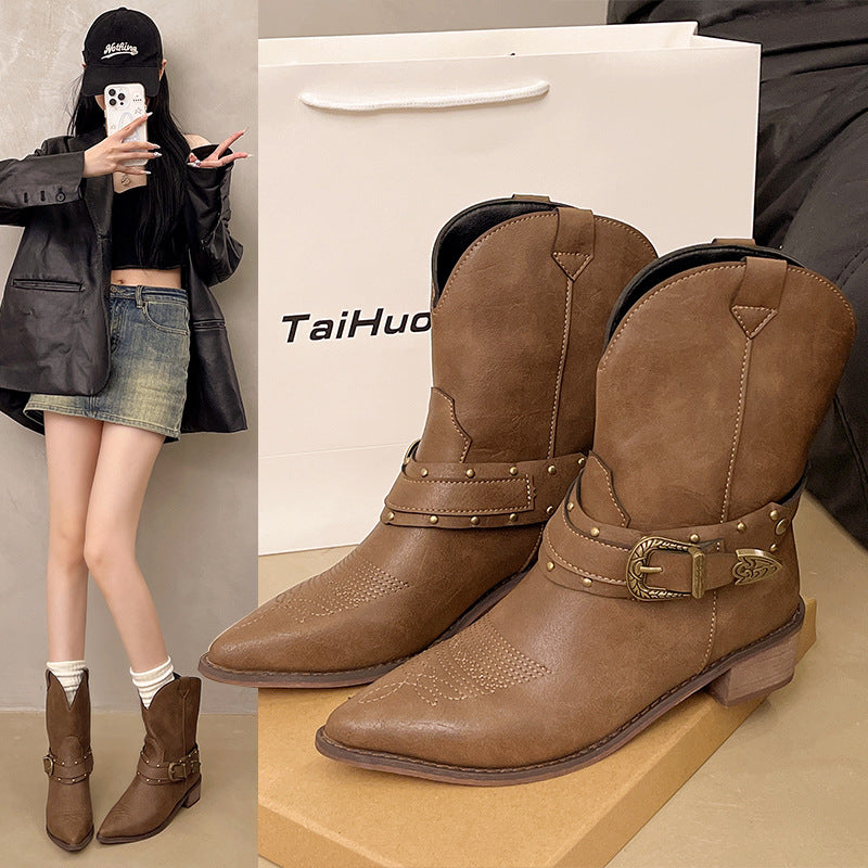 Damen Cowboystiefel mit modischem Riemen und dekorativen Nieten Sovae