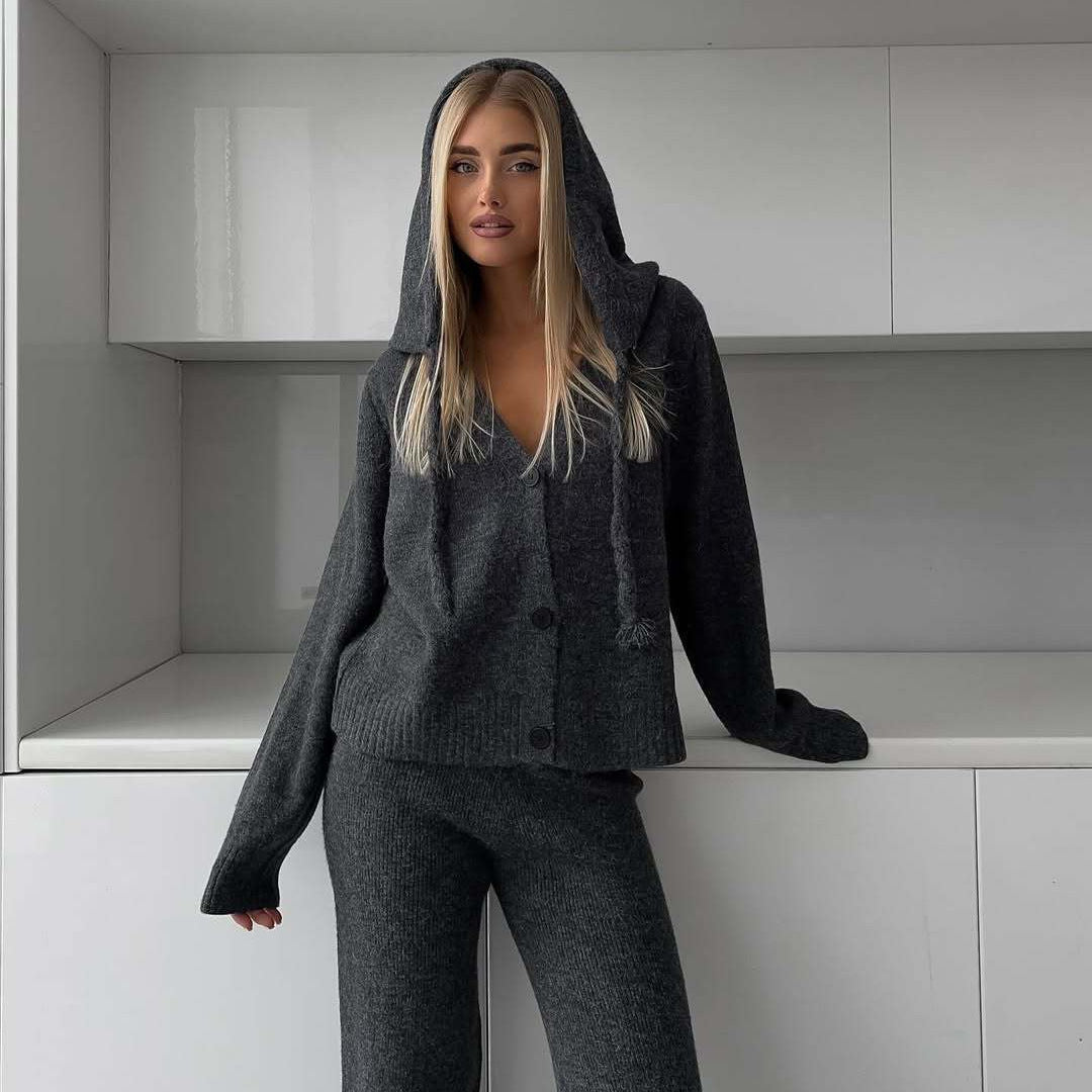 Damen eleganter Strick-Loungewear-Anzug mit weitem Bein Sovae