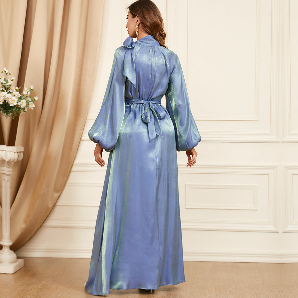 Damen Elegantes, langes Satin-Maxikleid mit Volantärmeln Sovae