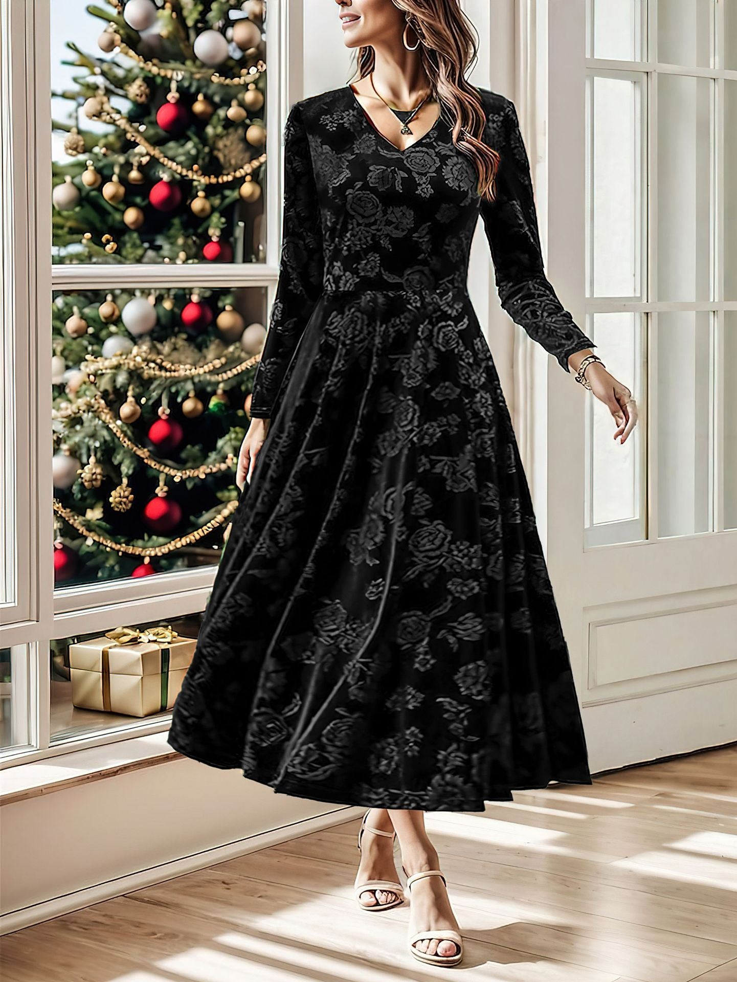 Damen Samt-Maxikleid mit floralem Muster und elegantem V-Ausschnitt Sovae