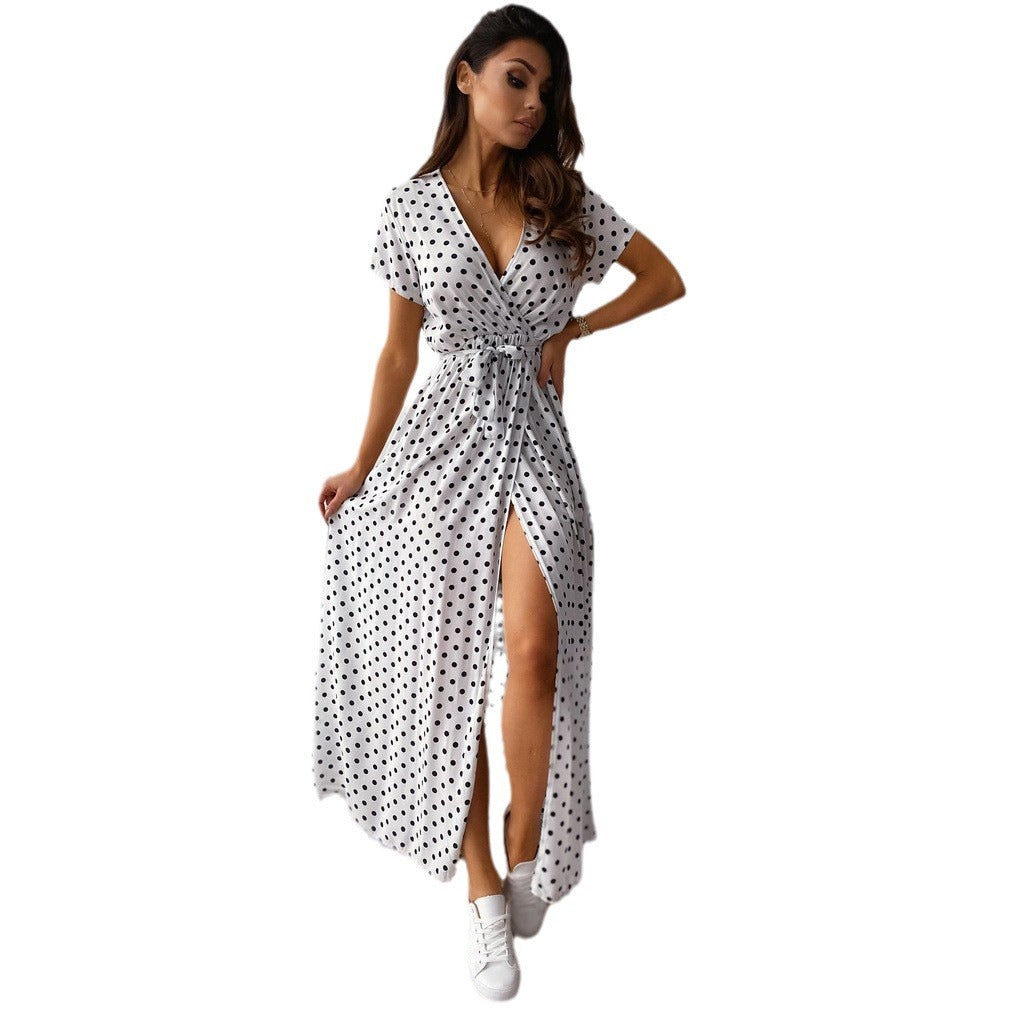 Damen Polka-Dot Maxikleid mit seitlichem Schlitz und gebundenem Bund Sovae