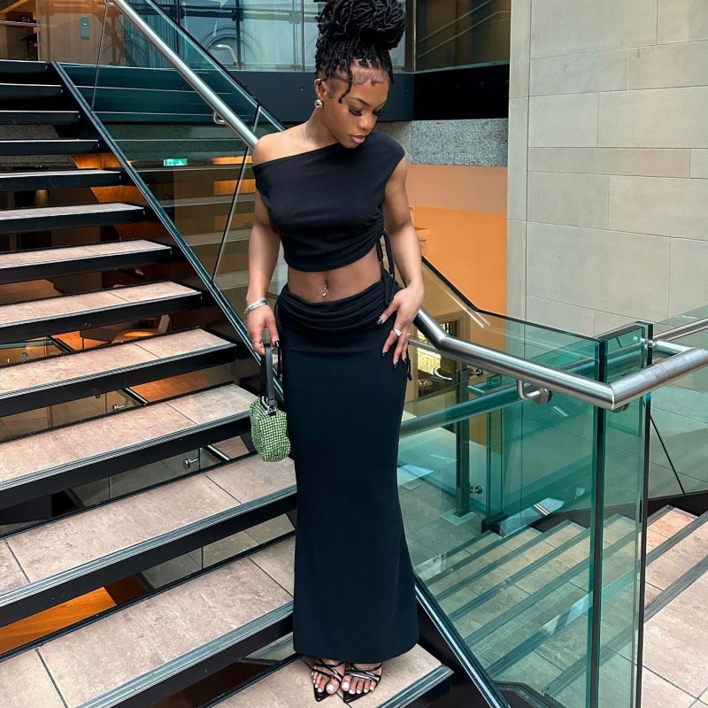 Damen modisches Crop-Top und Maxirock Set mit asymmetrischem Design Sovae