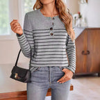 Damen Langarmshirt mit modischem Knopfverschluss und feinen Streifen Sovae