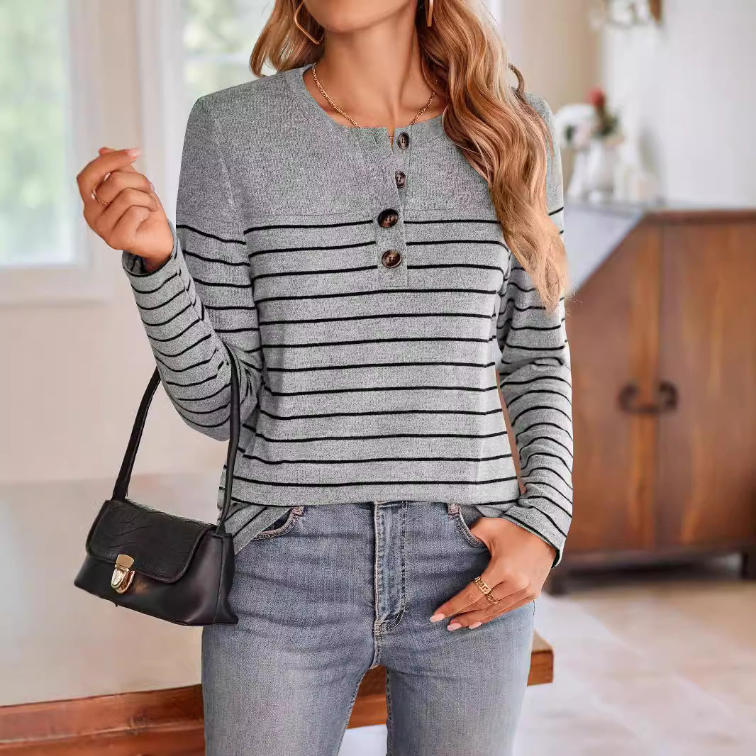 Damen Langarmshirt mit modischem Knopfverschluss und feinen Streifen Sovae