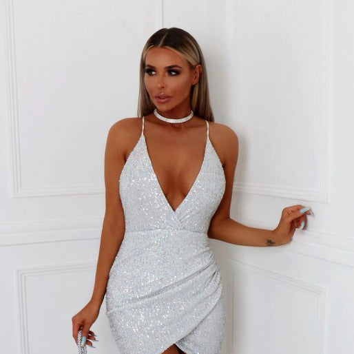 Damen Funkelndes Minikleid mit tiefem V-Ausschnitt Sovae