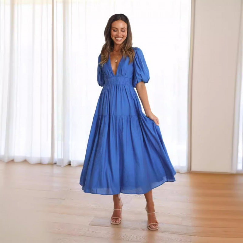 Damen Midi-Kleid mit Puffärmeln und tiefem V-Ausschnitt Sovae