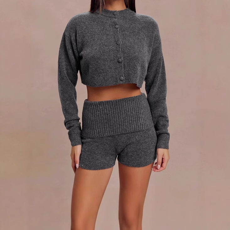 Damen Kurzer Strickpullover mit Rundhalsausschnitt und Knopfverschluss Sovae