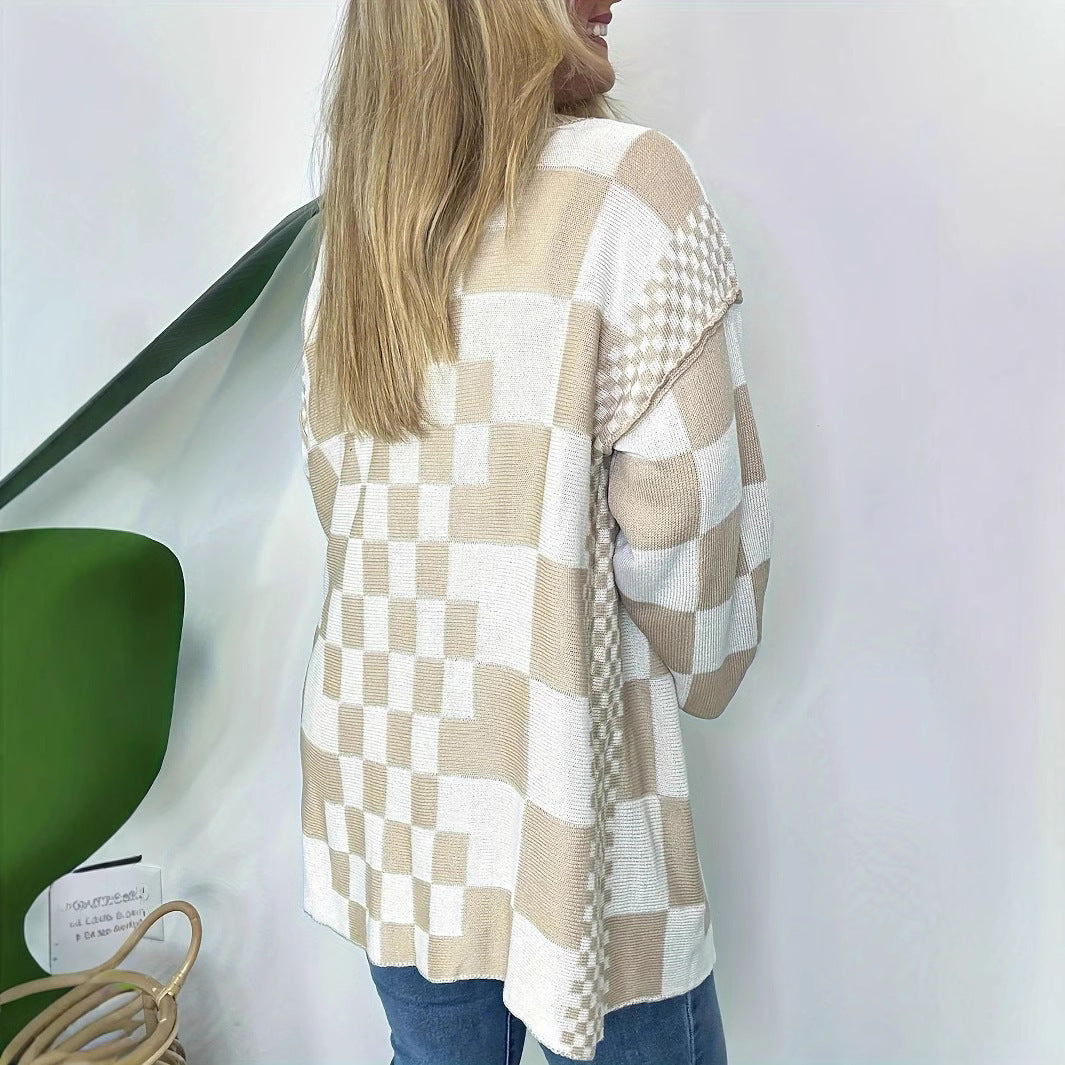 Damen Oversize Strickjacke mit Karomuster Sovae