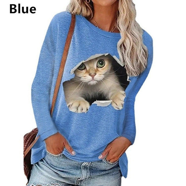 Damen Sweatshirt mit künstlerischem Katzenmotiv Sovae