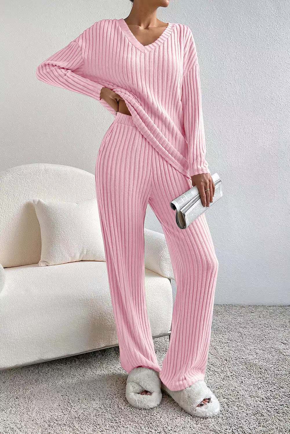 Damen lässiges Strick-Lounge-Set mit V-Ausschnitt Sovae