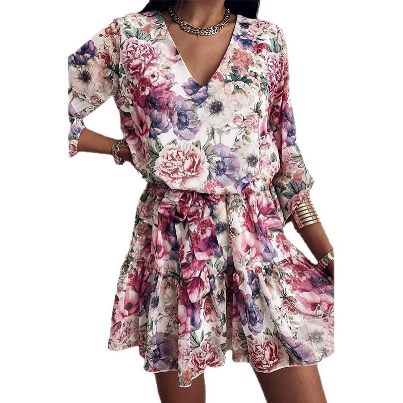 Damen Blumengeschmücktes Minikleid mit V-Ausschnitt und Taillengürtel Sovae