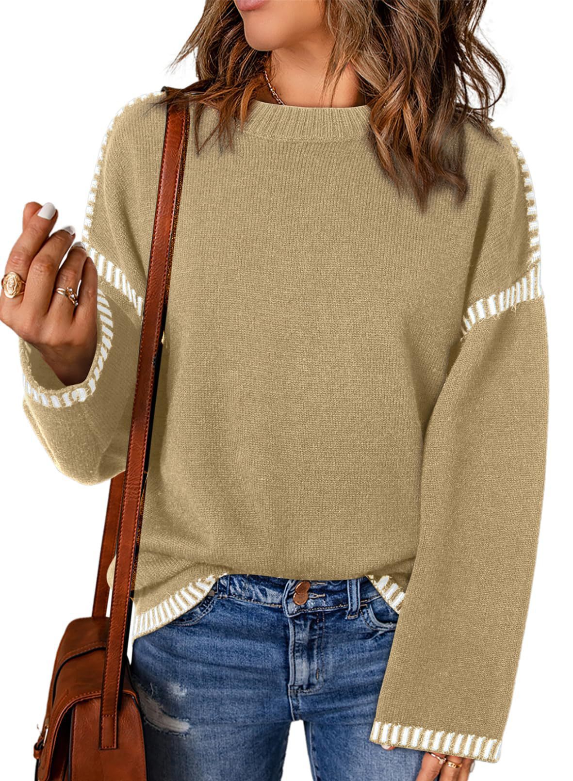Damen lässiger Strickpullover mit kontrastierenden Bündchen und lässigem Schnitt Sovae