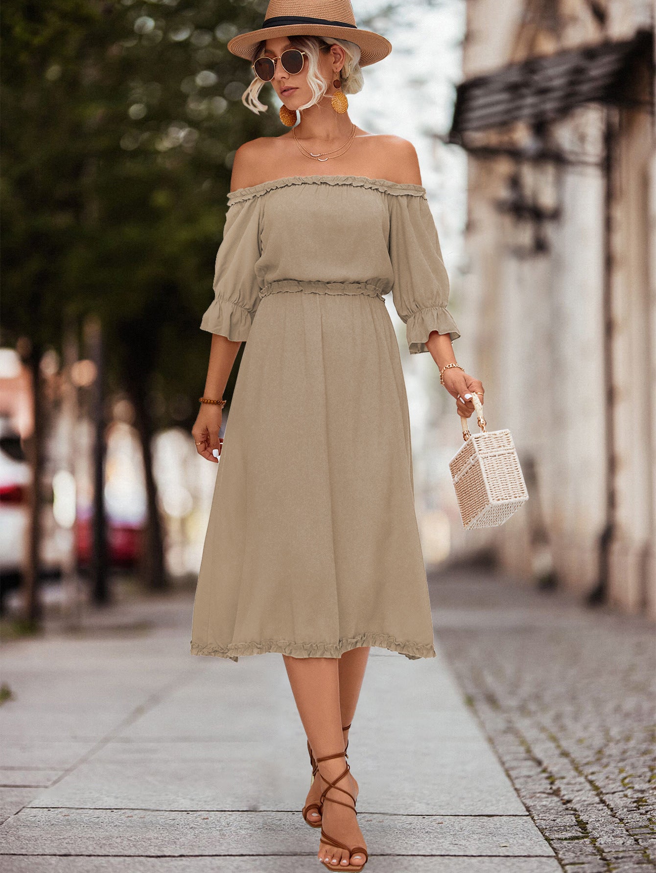 Damen Off-Shoulder Maxikleid mit elastischem Tailleneinsatz und Rüschendetails Sovae