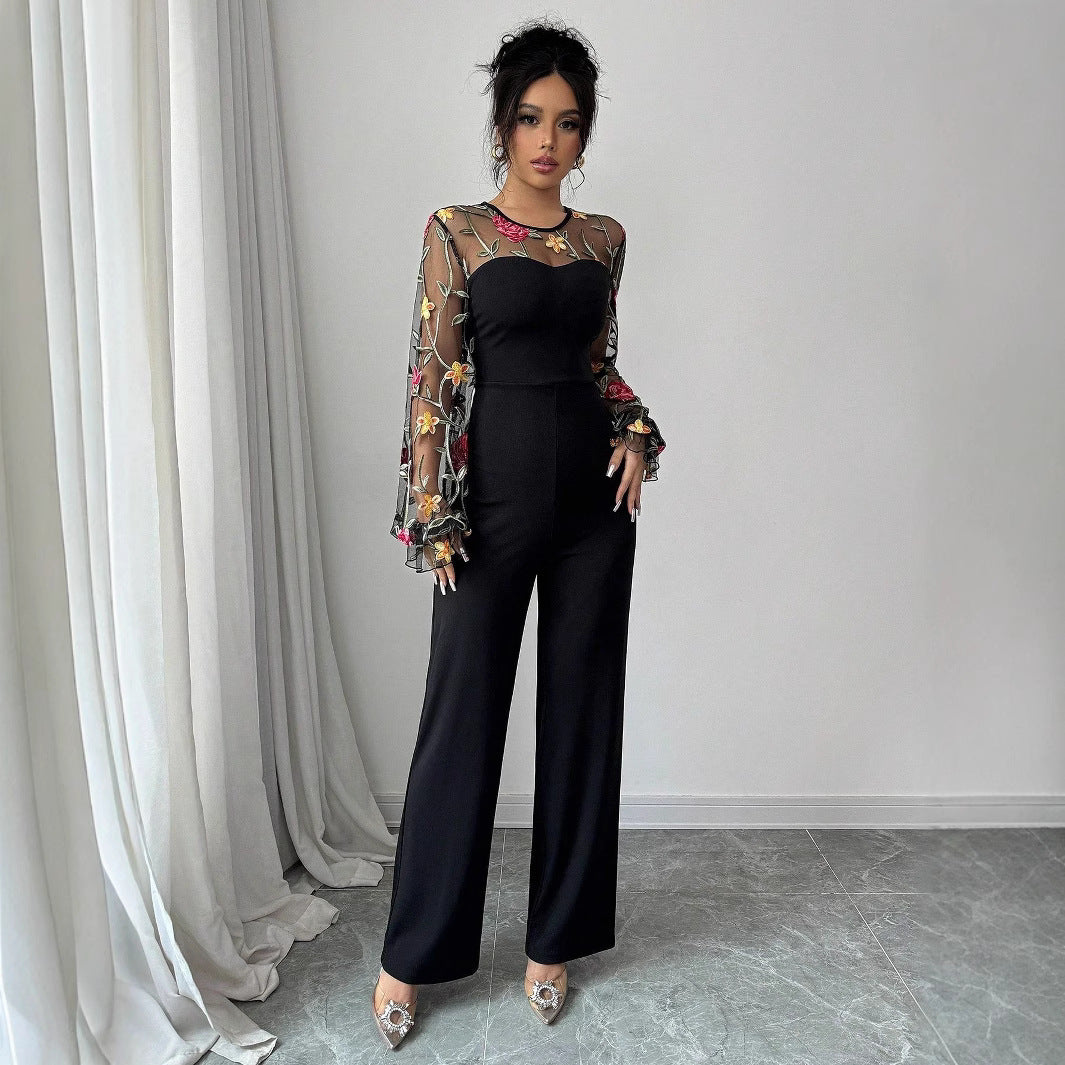 Damen Eleganter Jumpsuit mit bestickten transparenten Ärmeln Sovae