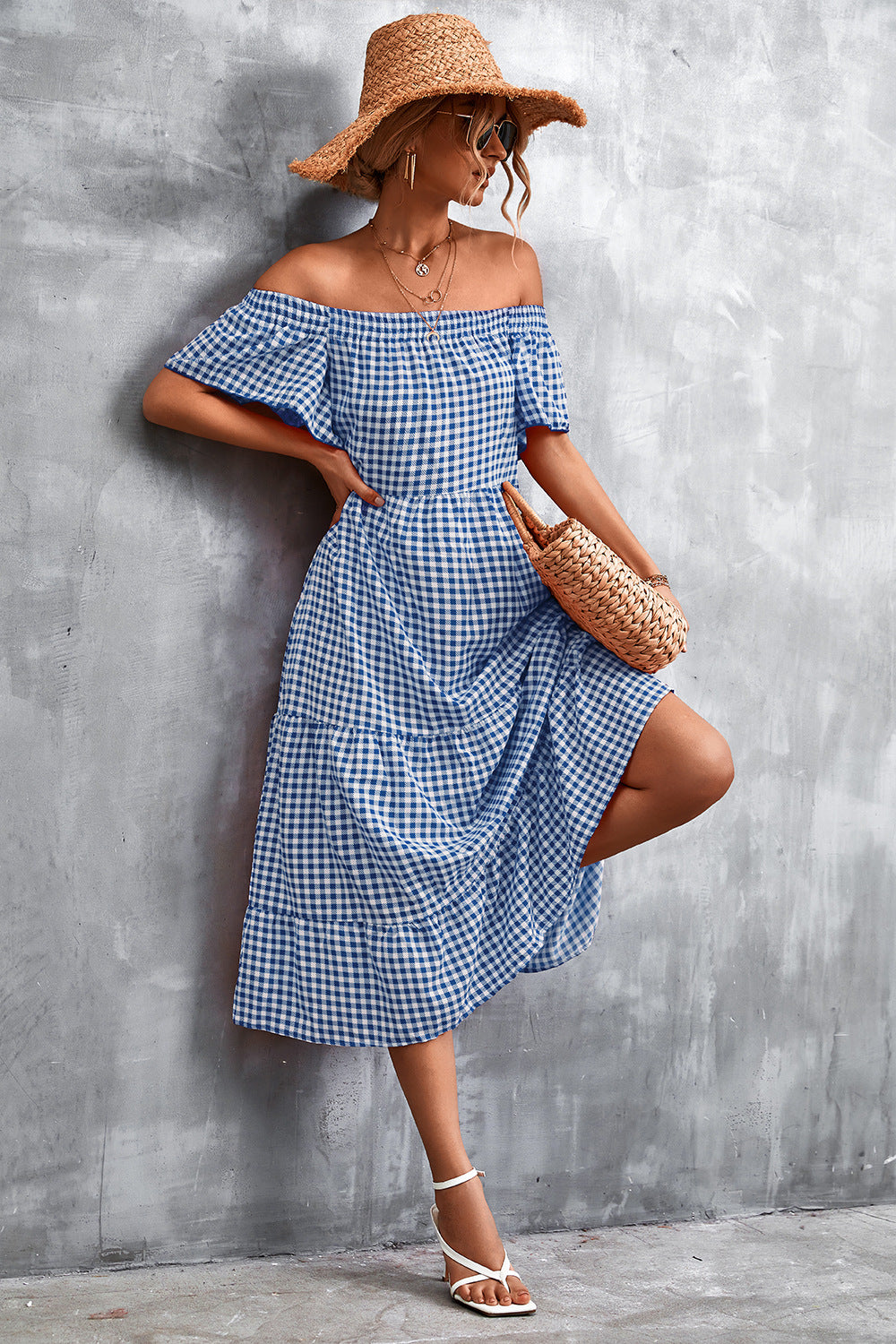 Damen Fließendes Maxikleid mit off-shoulder Design und Rüschensaum Sovae