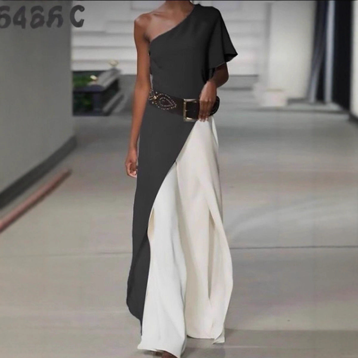 Damen Elegantes Einseitiges Maxikleid mit asymmetrischem Schnitt und schickem Gürtel Sovae