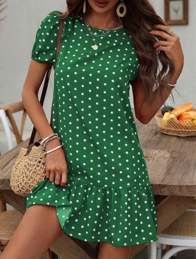 Damen Polka Dots Kleid mit Rüschensaum Sovae