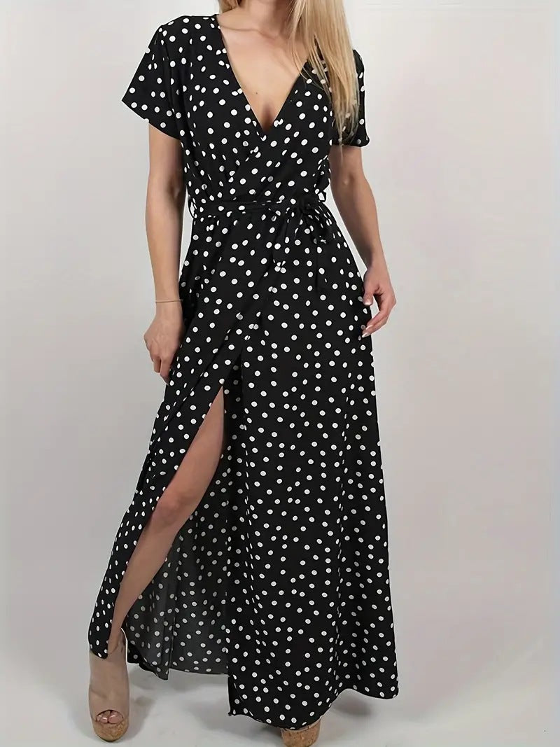 Damen Maxikleid mit Polka-Dots und tiefem V-Ausschnitt Sovae