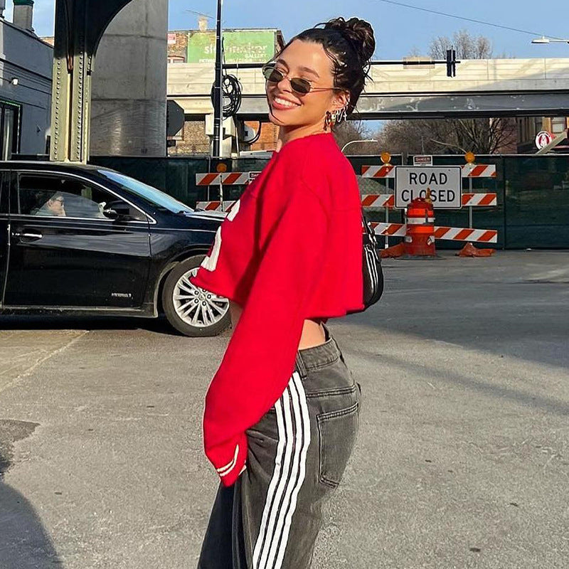 Damen modisches Crop-Pullover im sportlichen Look mit auffälligem Druck Sovae