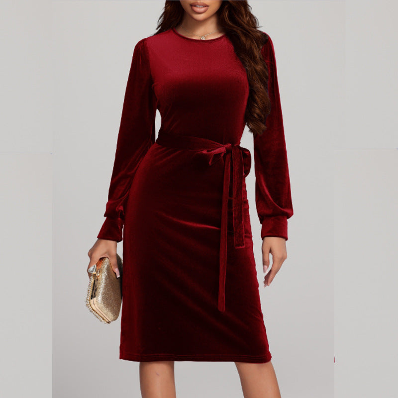 Damen Elegantes Samt-Midikleid mit Taillengürtel Sovae