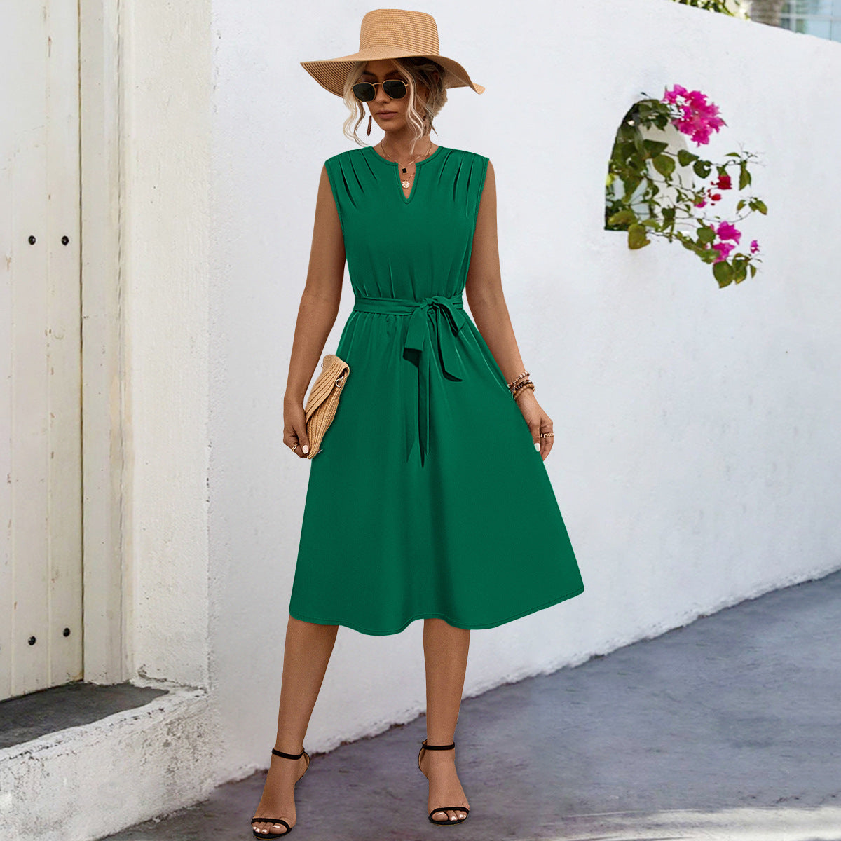 Damen Midi-Kleid mit elegantem Taillengürtel und modischem Faltenrock Sovae