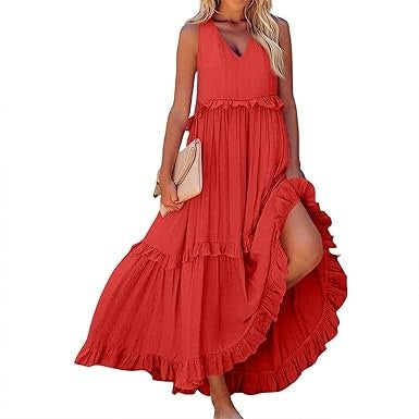 Damen Maxikleid mit Rüschen und V-Ausschnitt Sovae