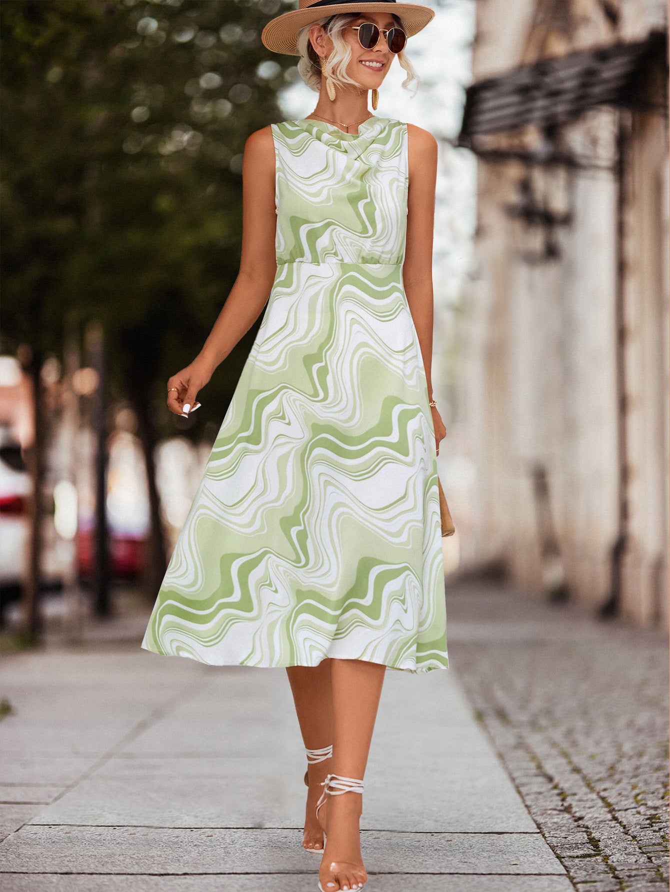 Damen luftiges Midi-Kleid mit modernem Wellenmuster und elegantem Stehkragen Sovae