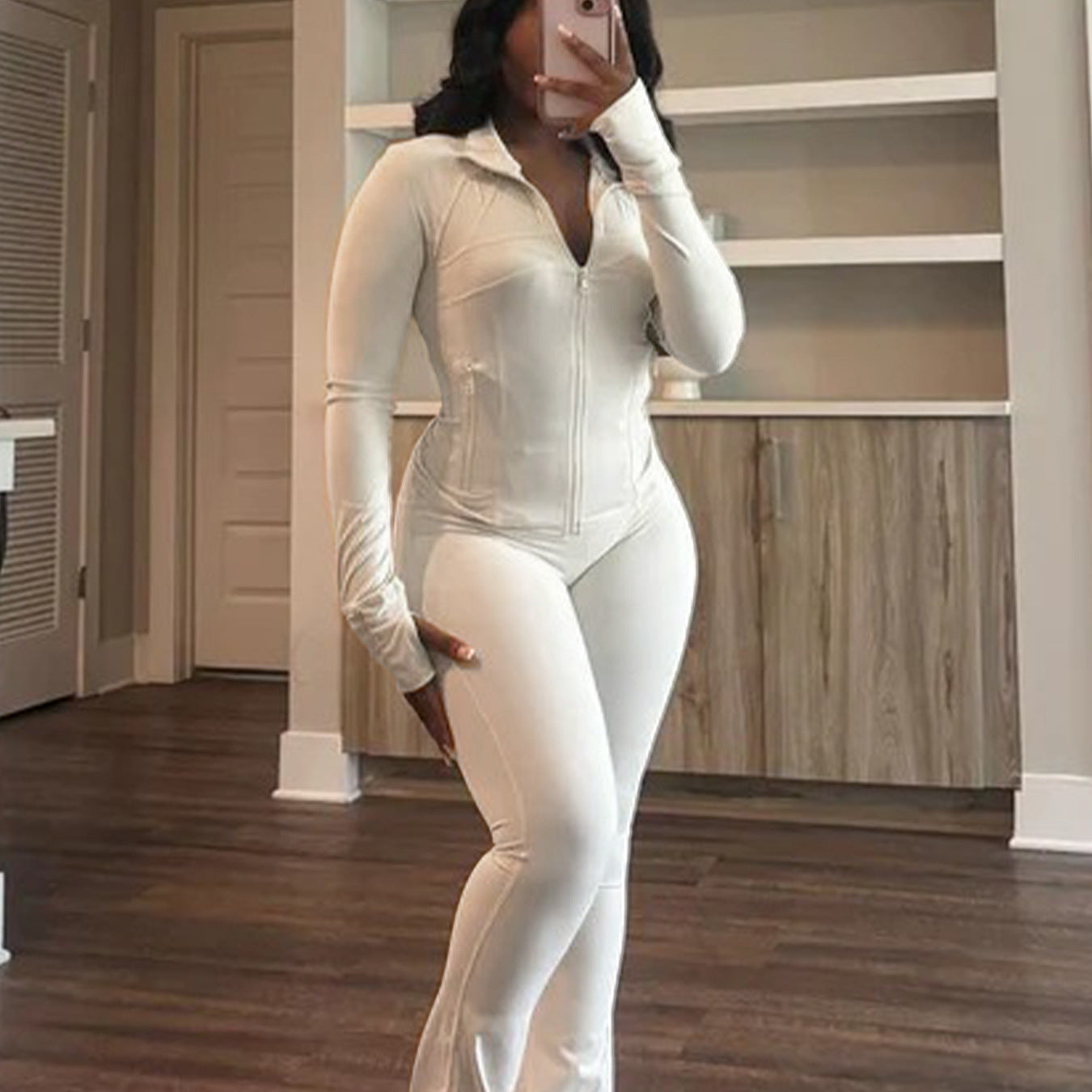 Damen trendiger Jumpsuit mit langem Arm und Reißverschluss Sovae