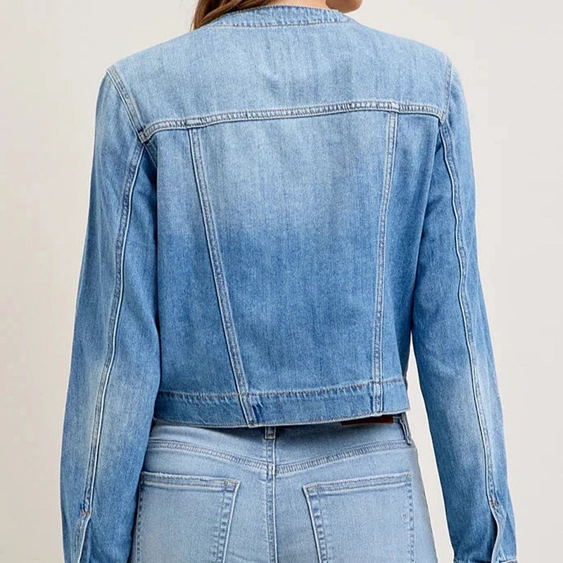 Damen cropped Jeansjacke mit klassischem Schnitt und praktischen Taschen Sovae