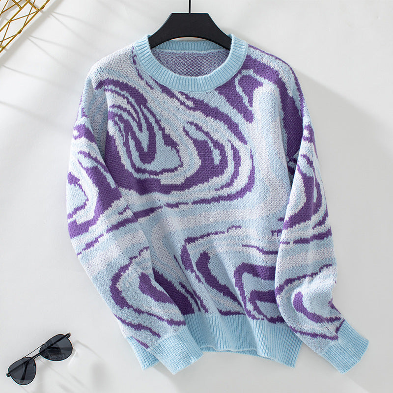 Damen gemusterter Strickpullover mit modernem Wellenmuster und Rundhalsausschnitt Sovae