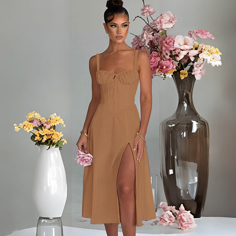 Damen Midikleid mit elegantem Schlitz und Rüschen Sovae