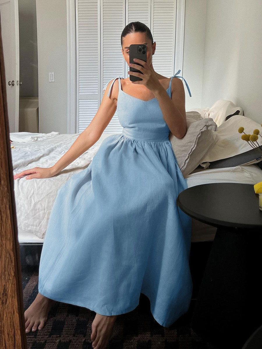 Damen Midi-Linnenkleid mit Spaghetti-Trägern Sovae
