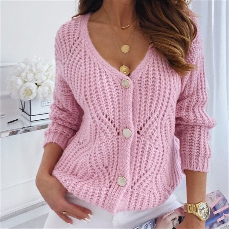 Damen Strickjacke mit V-Ausschnitt und großen Knöpfen Sovae