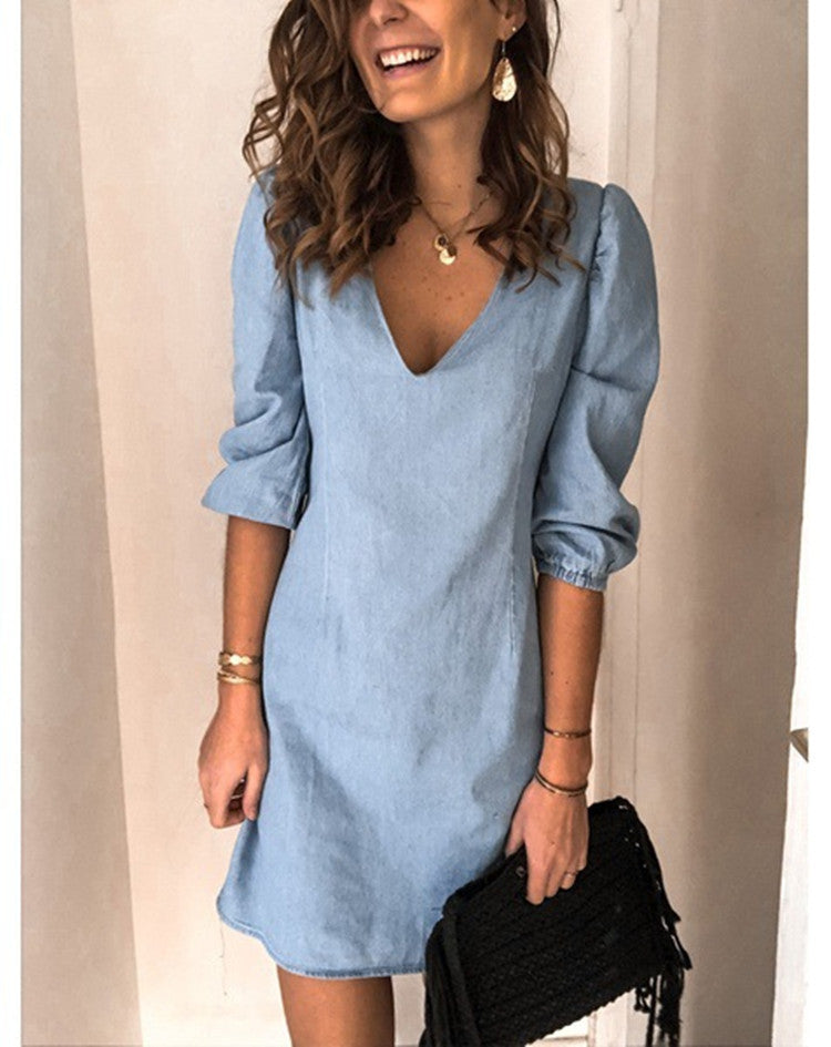 Damen Minikleid mit V-Ausschnitt und Puffärmeln Sovae