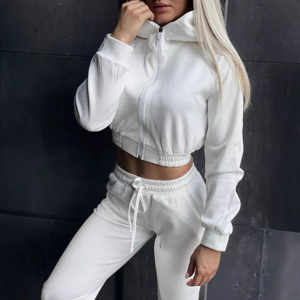 Damen Sportliches Fleece-Cropped-Set mit Kapuze und elastischem Bund Sovae