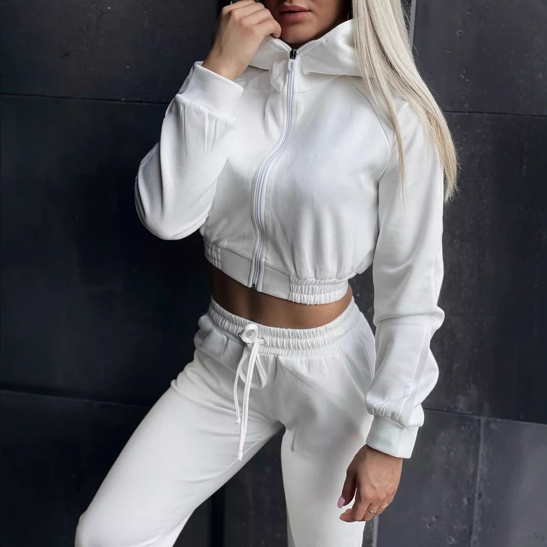 Damen Sportliches Fleece-Cropped-Set mit Kapuze und elastischem Bund Sovae