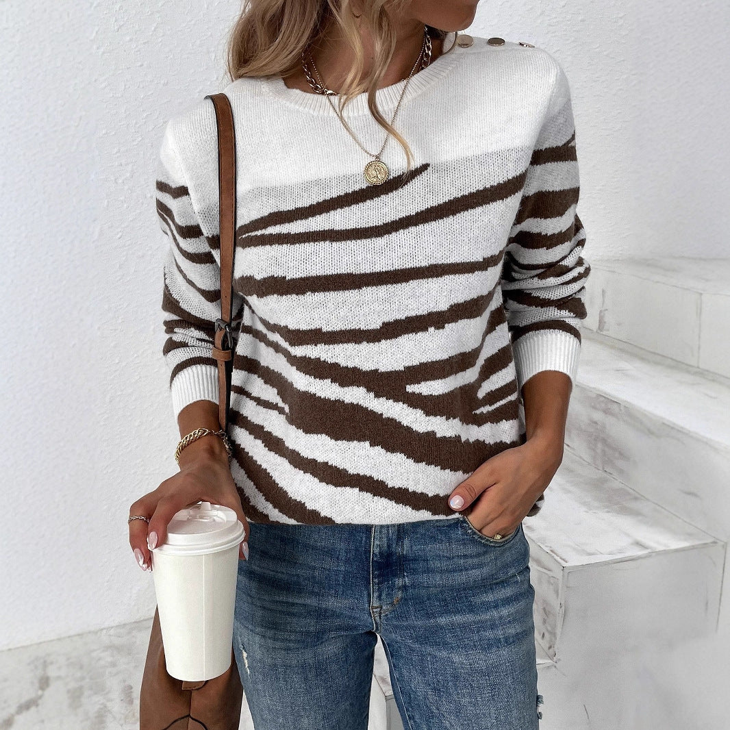 Damen gemütlicher Strickpullover mit modernem Zebrastreifen-Muster und komfortablem Schnitt Sovae
