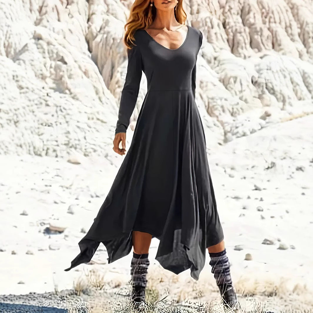 Damen Fließendes Maxikleid mit elegantem V-Ausschnitt und asymmetrischem Saum Sovae