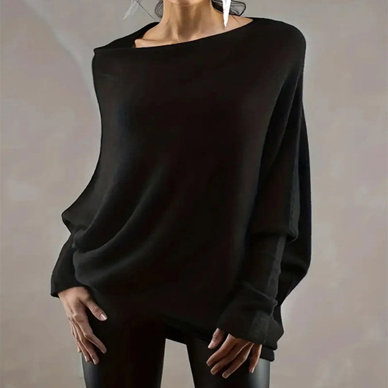 Damen eleganter asymmetrischer Strickpullover mit klarem Rundhalsausschnitt Sovae