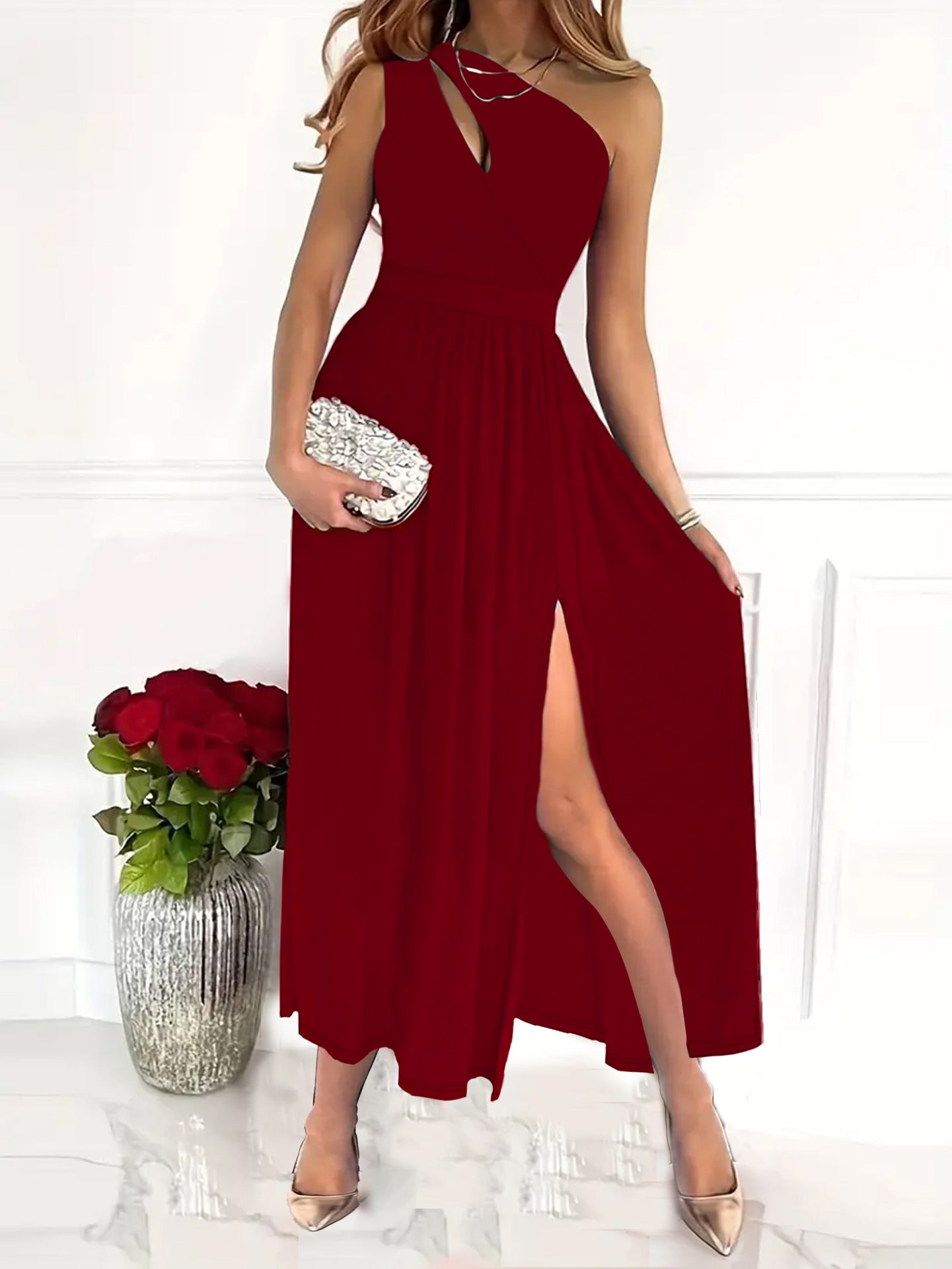 Damen Elegantes Maxikleid mit Ein-Schulter-Design und transparentem Beinschlitz Sovae