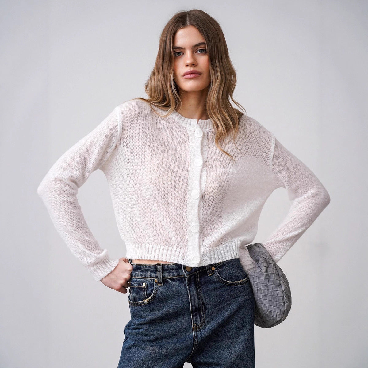 Damen Modischer, leicht transparenter Strickcardigan mit Knopfleiste Sovae