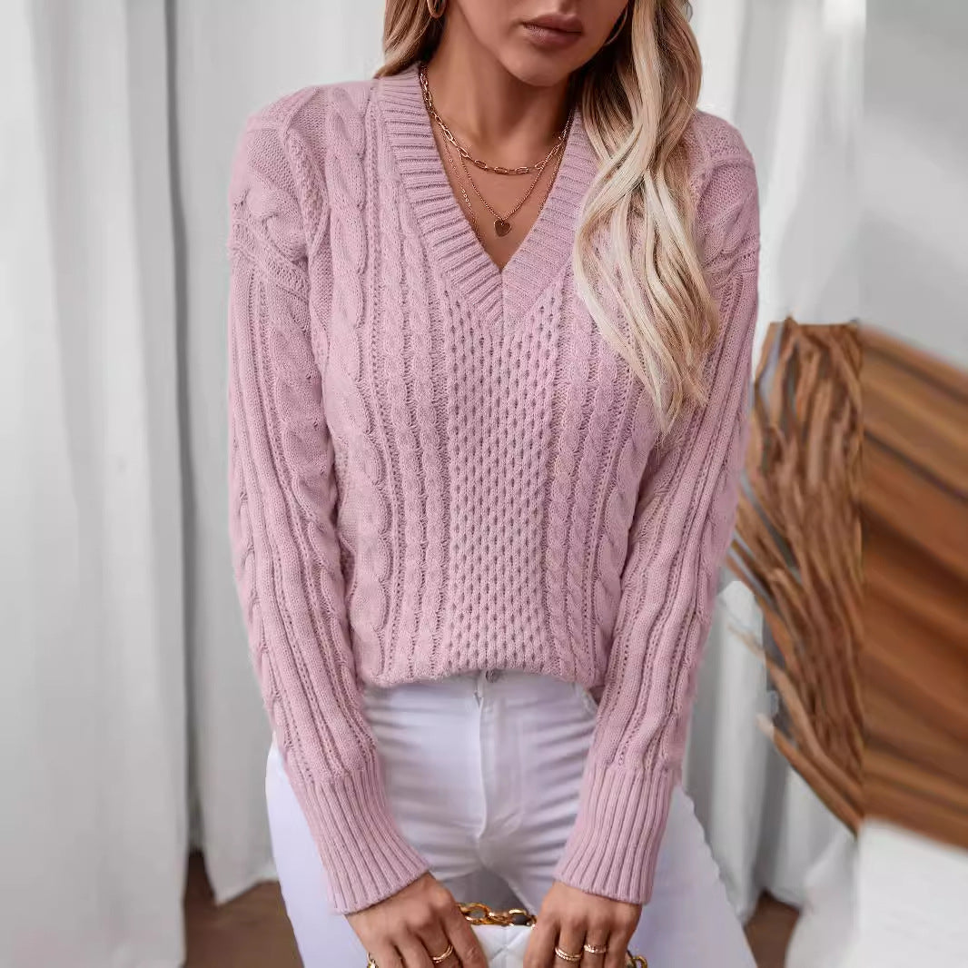 Damen modischer Strickpullover mit tiefem V-Ausschnitt und Zopfmuster Sovae