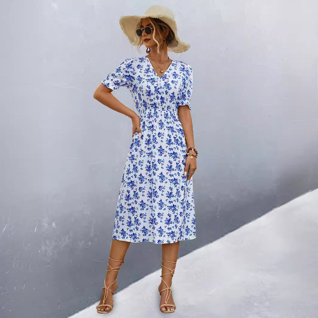Damen midi Kleid mit floralen Mustern und seitlichem Schlitz Sovae