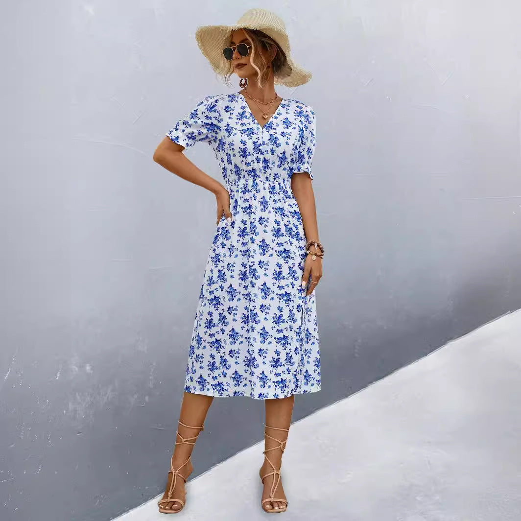 Damen midi Kleid mit floralen Mustern und seitlichem Schlitz Sovae